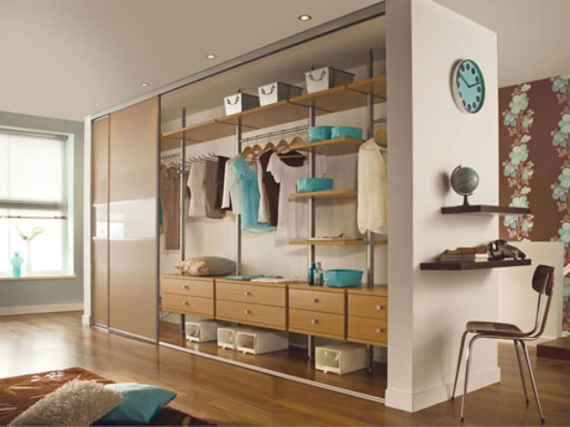 Oak and White Glass 3 Panel Fineline Sliding Wardrobe Doors with Silver Frame & Aura Interior Oak and White Glass 3 Panel Fineline Sliding Wardrobe Doors with Silver Frame & Aura Interior
