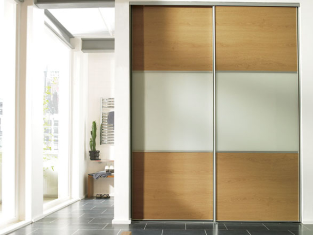 3 Panel Wideline Sliding Wardrobe Oak White Glass Oak - Silver Frame 3 Panel Wideline Sliding Wardrobe Oak White Glass Oak - Silver Frame
