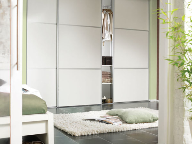 3 Panel Wideline Matt White Sliding Wardrobe Doors - Silver Frame 3 Panel Wideline Matt White Sliding Wardrobe Doors - Silver Frame