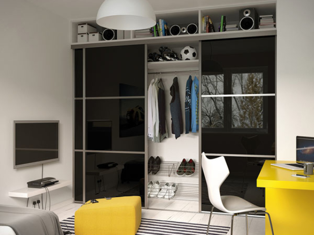 3 Panel Wideline Black Glass Sliding Wardrobe Doors - Silver Frame and Tracks 3 Panel Wideline Black Glass Sliding Wardrobe Doors - Silver Frame and Tracks