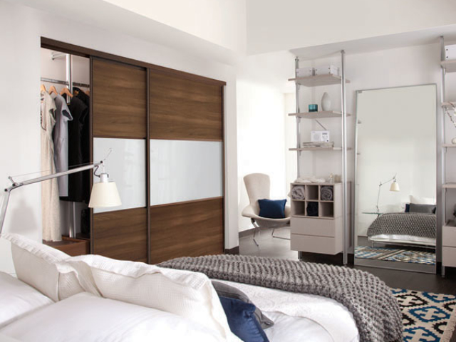 Walnut & White Glass 3 Panel Fineline Sliding Doors & Alume Interior Walnut & White Glass 3 Panel Fineline Sliding Doors & Alume Interior