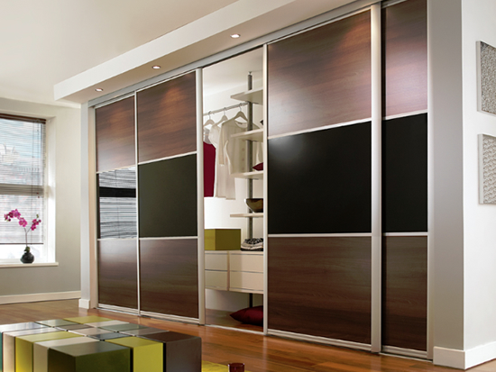 Maxima 3 Panel Doors – Aluminium Frame – Walnut & Black Glass Panels