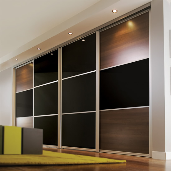 Maxima 3 Panel Doors - Aluminium Frame - Walnut and Black Glass Panels