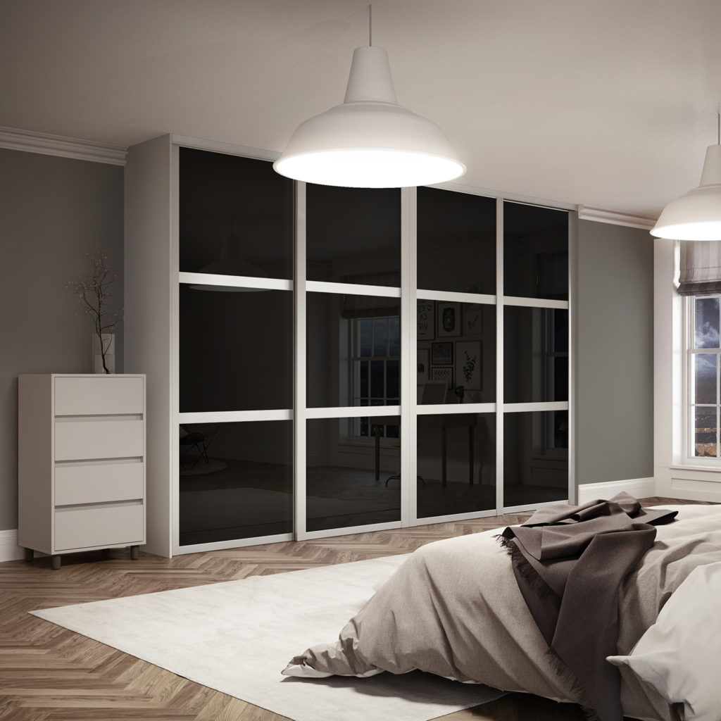 Shaker 3 Panel Cashmere Frame and Black Glass Sliding Wardrobe Doors Shaker 3 Panel Cashmere Frame and Black Glass Sliding Wardrobe Doors