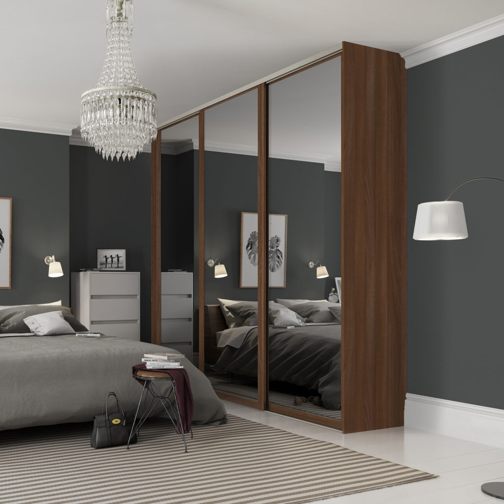 Shaker Walnut Framed with Mirror Sliding Wardrobe Doors Shaker Walnut Framed with Mirror Sliding Wardrobe Doors