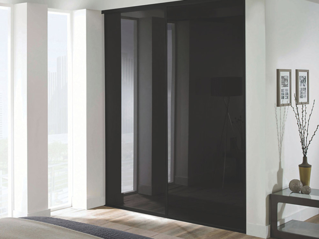 2 Black Glass and Black Framed Sliding Wardrobe Doors 2 Black Glass and Black Framed Sliding Wardrobe Doors (Classic, Contour, S700)