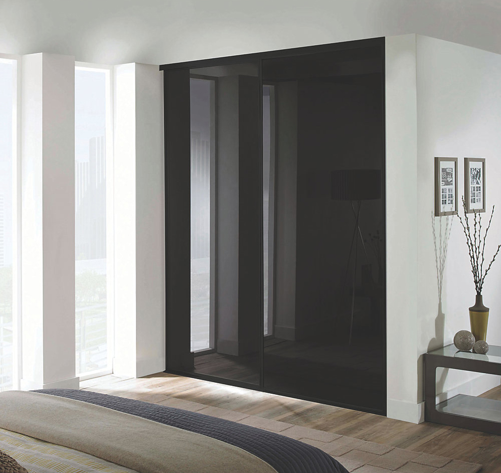 2 Black Glass and Black Framed Sliding Wardrobe Doors 2 Black Glass and Black Framed Sliding Wardrobe Doors (Classic, Contour, S700)