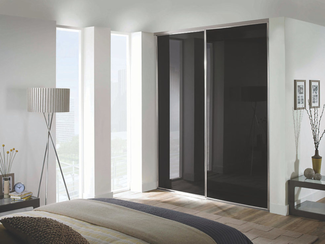2 Black Glass and Silver Framed Sliding Wardrobe Doors (Classic, Contour, S700) 2 Black Glass and Silver Framed Sliding Wardrobe Doors (Classic, Contour, S700)
