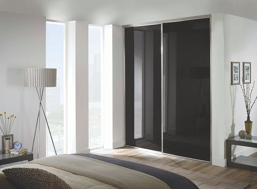 2 Black Glass and Silver Framed Sliding Wardrobe Doors (Classic, Contour, S700) 2 Black Glass and Silver Framed Sliding Wardrobe Doors (Classic, Contour, S700)