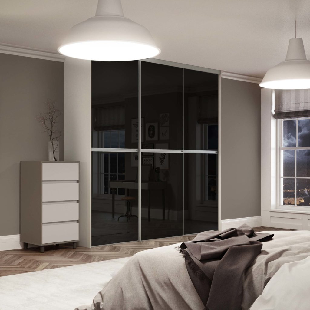 Gliss Minimalist Black glass Silver frame sliding wardrobe doors