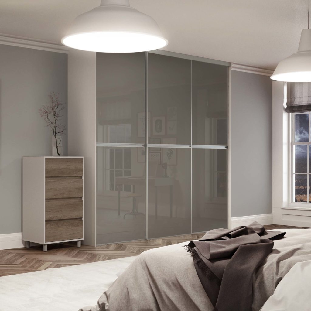 Gliss Minimalist Cappuccino glass Silver frame sliding wardrobe