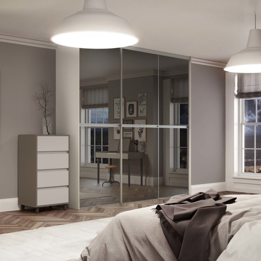 Gliss Minimalist Grey Mirror Silver frame sliding wardrobe doors