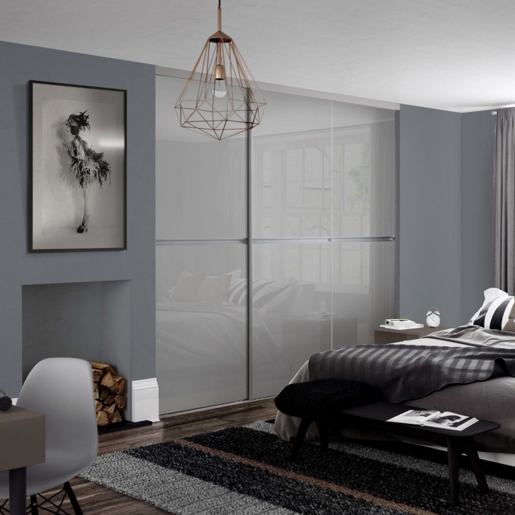 Gliss Minimalist Light Grey Glass Silver frame sliding wardrobe