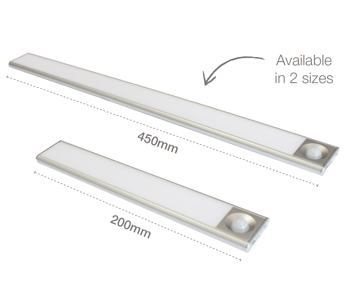 Both PIR Lights Rechargeable PIR Bar Light Natural White 4000K 200mm and 400mm