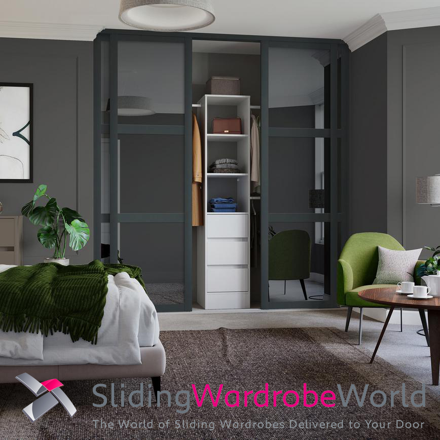 Shaker Graphite Sliding Wardrobe Doors 3 panel mirror Roomset