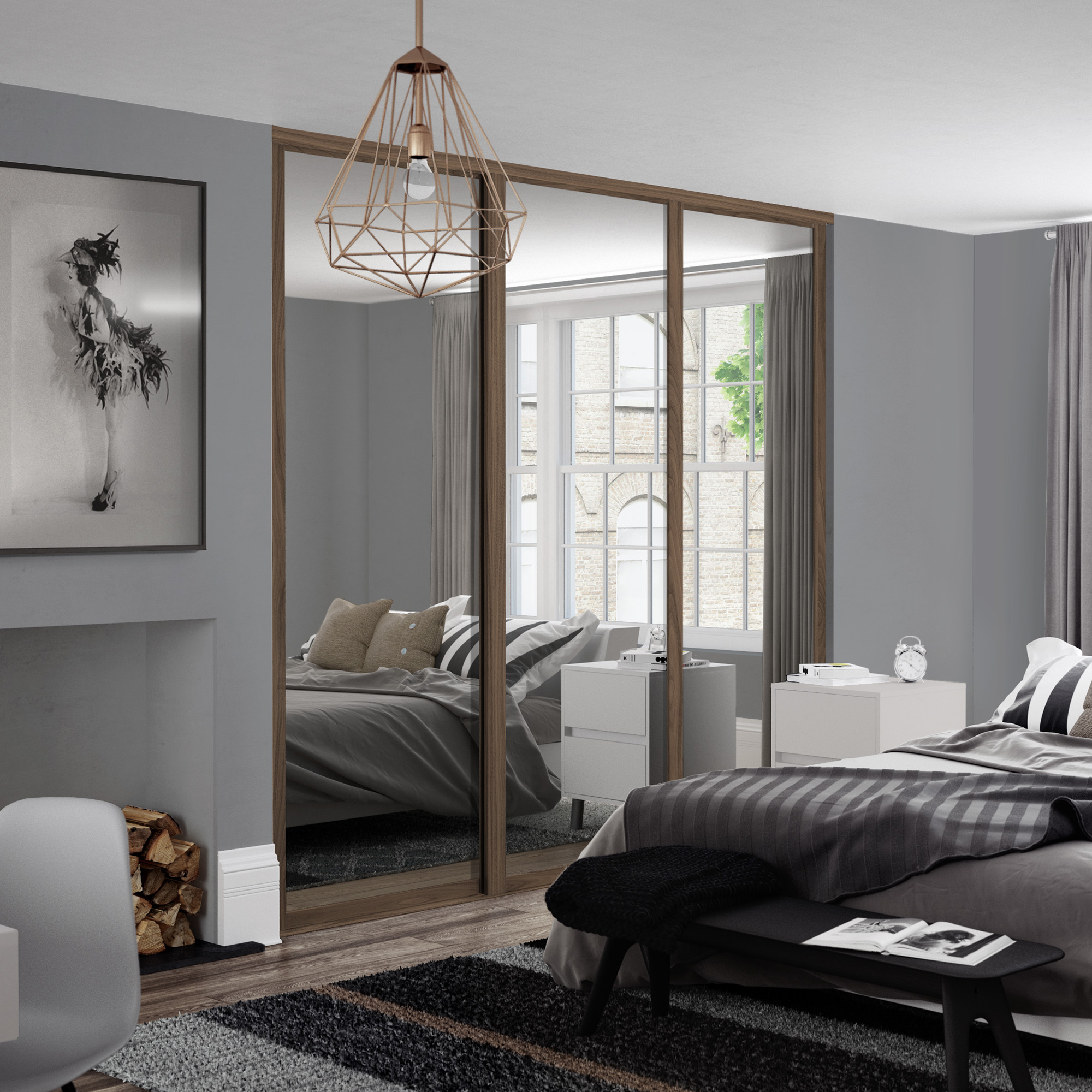 Carini Walnut Shaker 3 Mirror Door Roomset