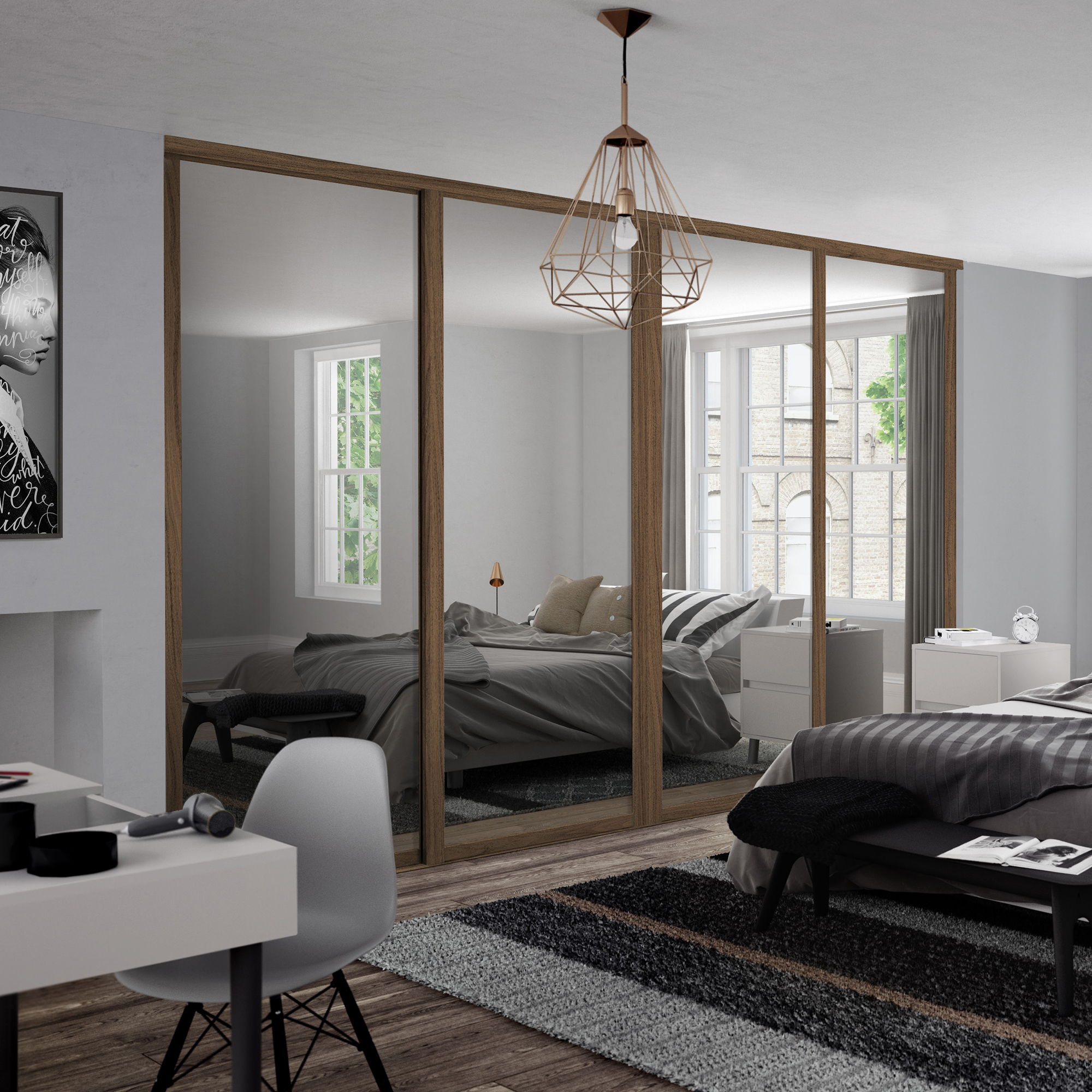 Carini Walnut Shaker 4 Mirror Door Roomset