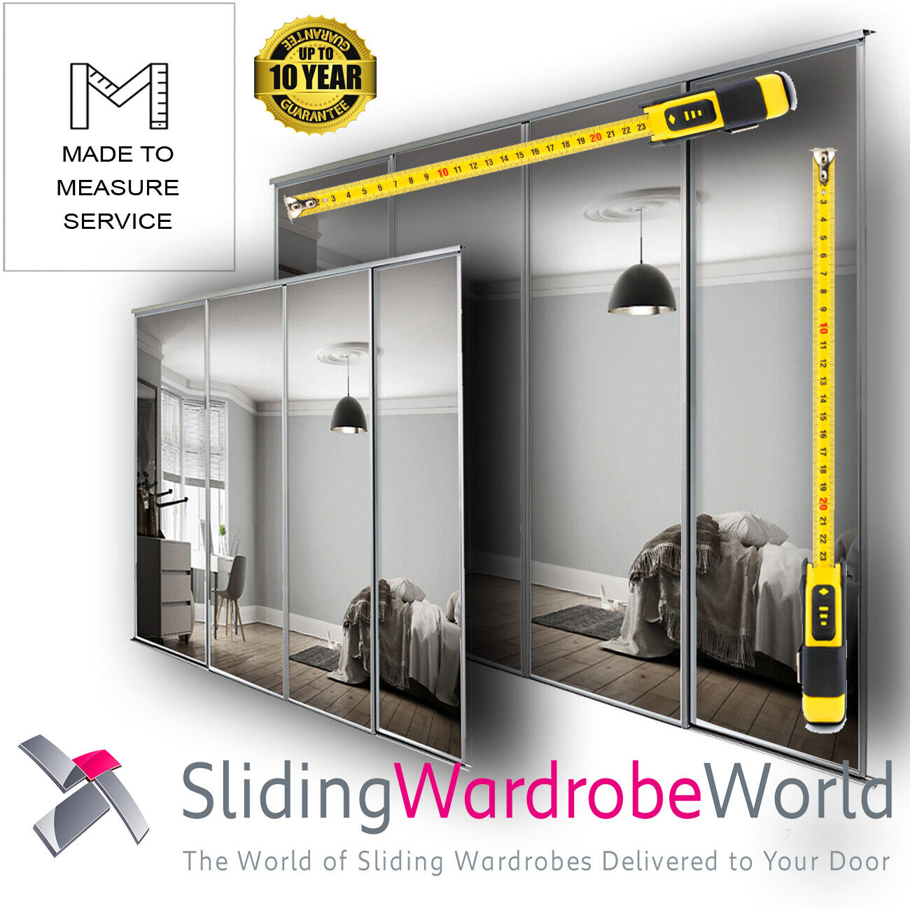 Made to Measure MIRROR Sliding Wardrobe Doors & Tracks - Choice of Frame Colours Main Image