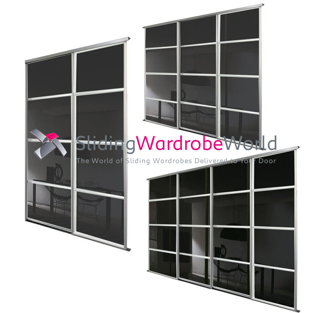 SpacePro SILVER Framed BLACK GLASS 4 Panel Sliding Door & track Kit - All sizes Main Image