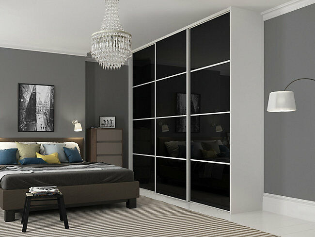 SpacePro SILVER Framed BLACK GLASS 4 Panel Sliding Door & track Kit - All sizes Gallery Image 1