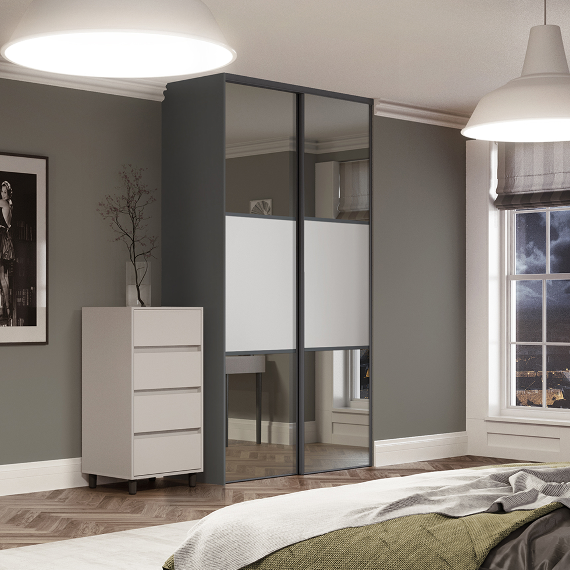 SpacePro Dove Grey and Mirror Wideline Classic 2 x Sliding Wardrobe Doors SpacePro Dove Grey and Mirror Wideline Classic 2 x Sliding Wardrobe Doors ROOMSET
