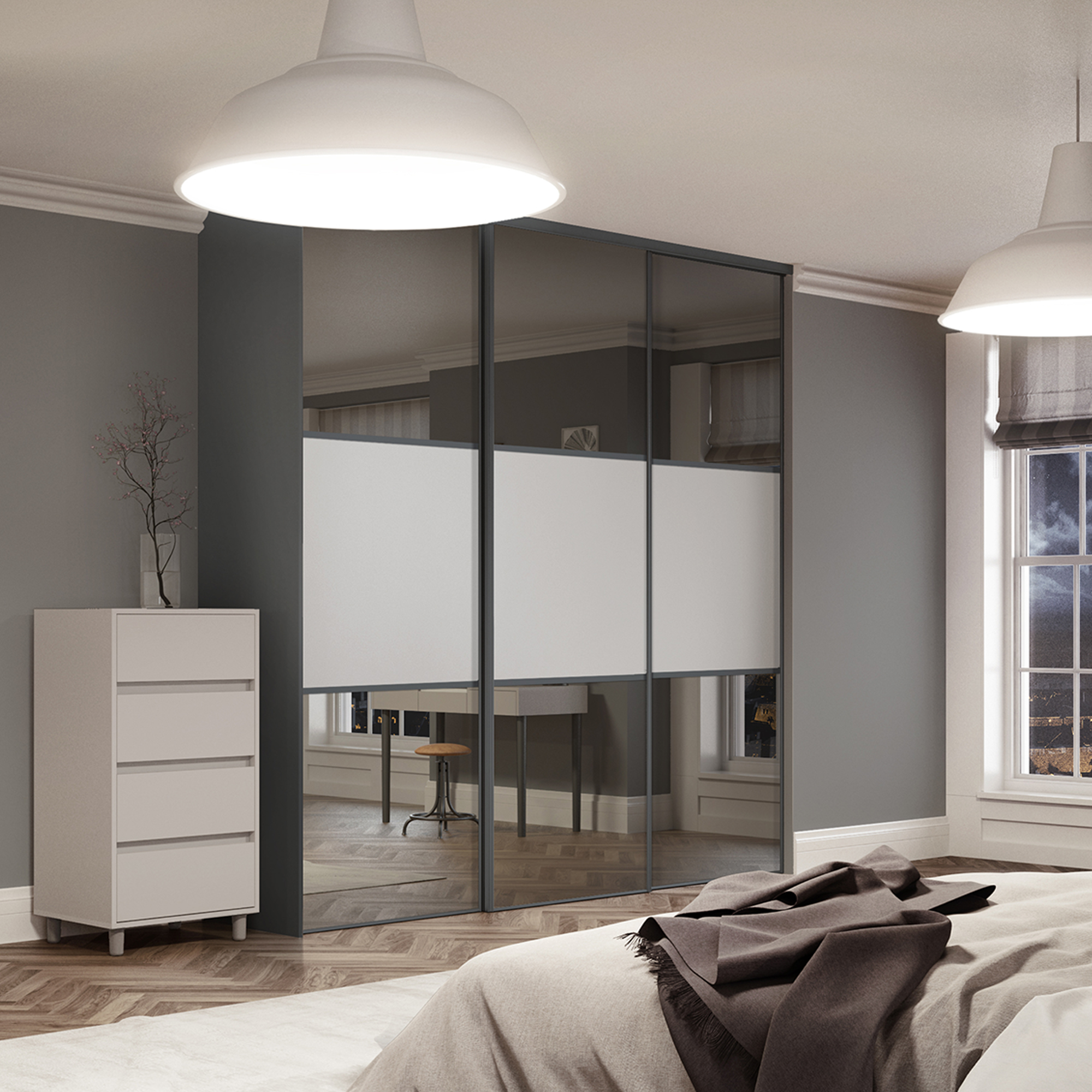 SpacePro Dove Grey and Mirror Wideline Classic 3 x Sliding Wardrobe Doors SpacePro Dove Grey and Mirror Wideline Classic 3 x Sliding Wardrobe Doors ROOMSET