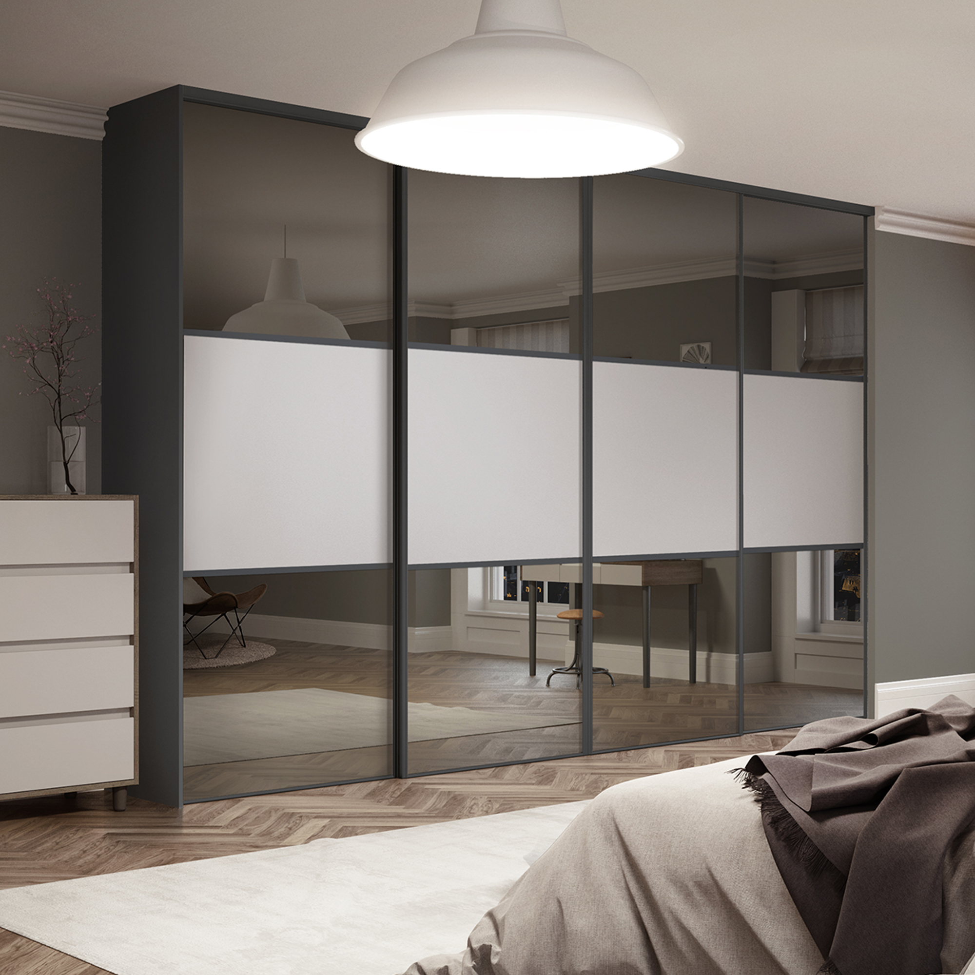 SpacePro Dove Grey and Mirror Wideline Classic 4 x Sliding Wardrobe Doors SpacePro Dove Grey and Mirror Wideline Classic 4 x Sliding Wardrobe Doors ROOMSET