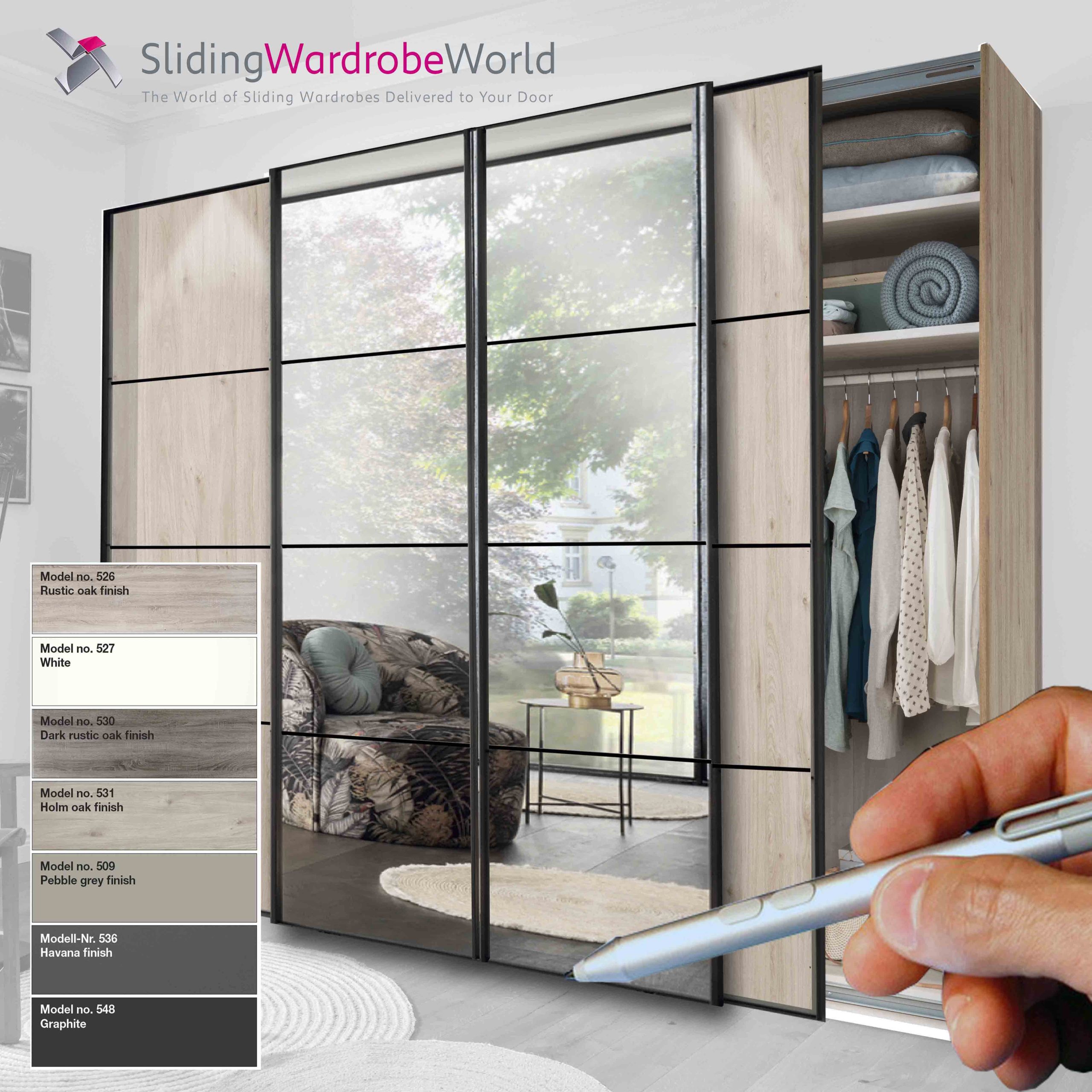 Miami 2 4 Door Holm Oak Mirror SQUARISH with Pen Design Fitted Sliding Wardrobe Complete with Interior, Holm Oak and Mirror Doors, Black Frame, 4 Doors. Fitted4u Miami 2 Range.