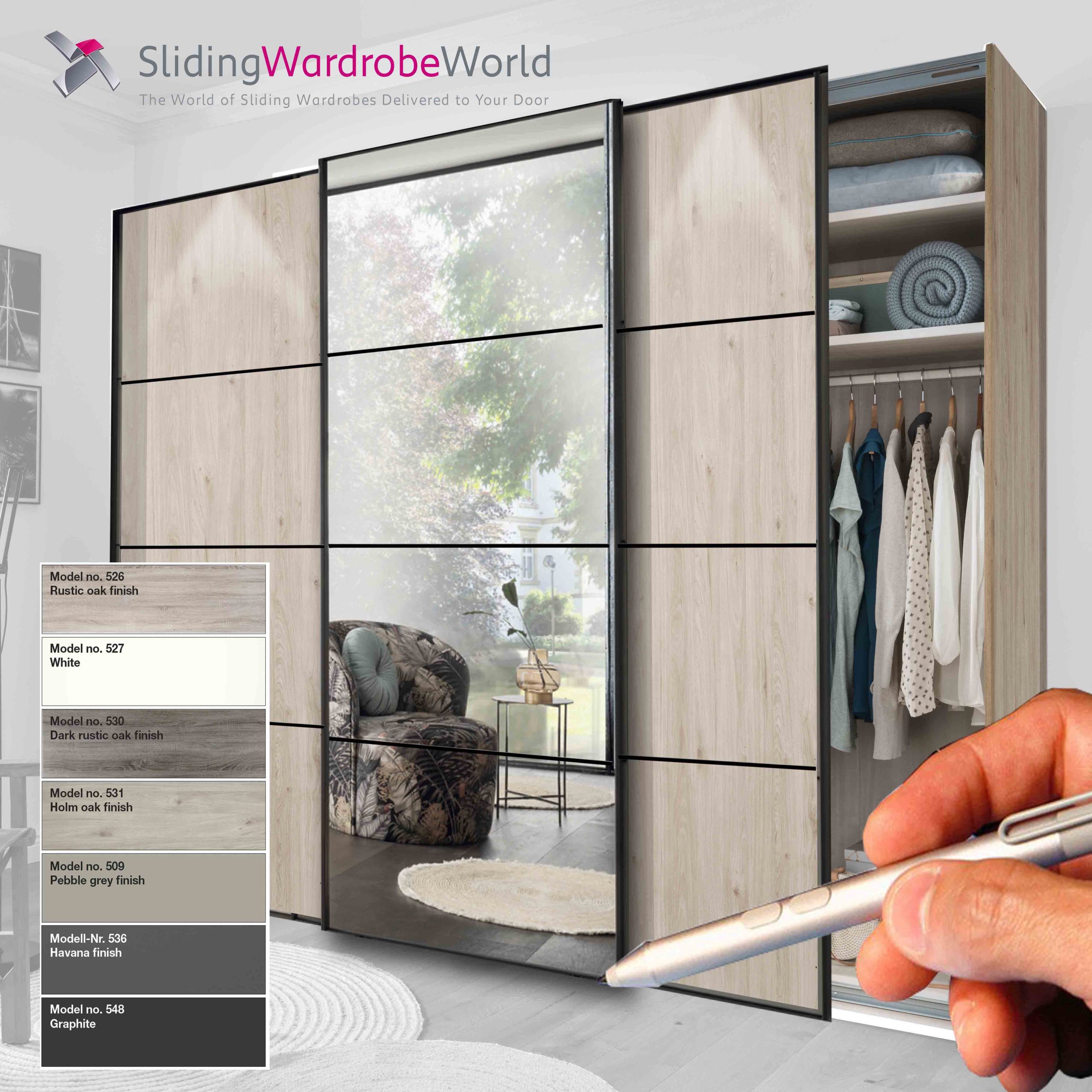 Miami 2 -3 Door-Black Frame-HolmMirrorHolm 4 panel SQUARE Design Fitted Sliding Wardrobe Complete with Interior, Mirror & Holm Oak Doors, Black Frame, 3 Doors. Fitted4u Miami 2 Range.