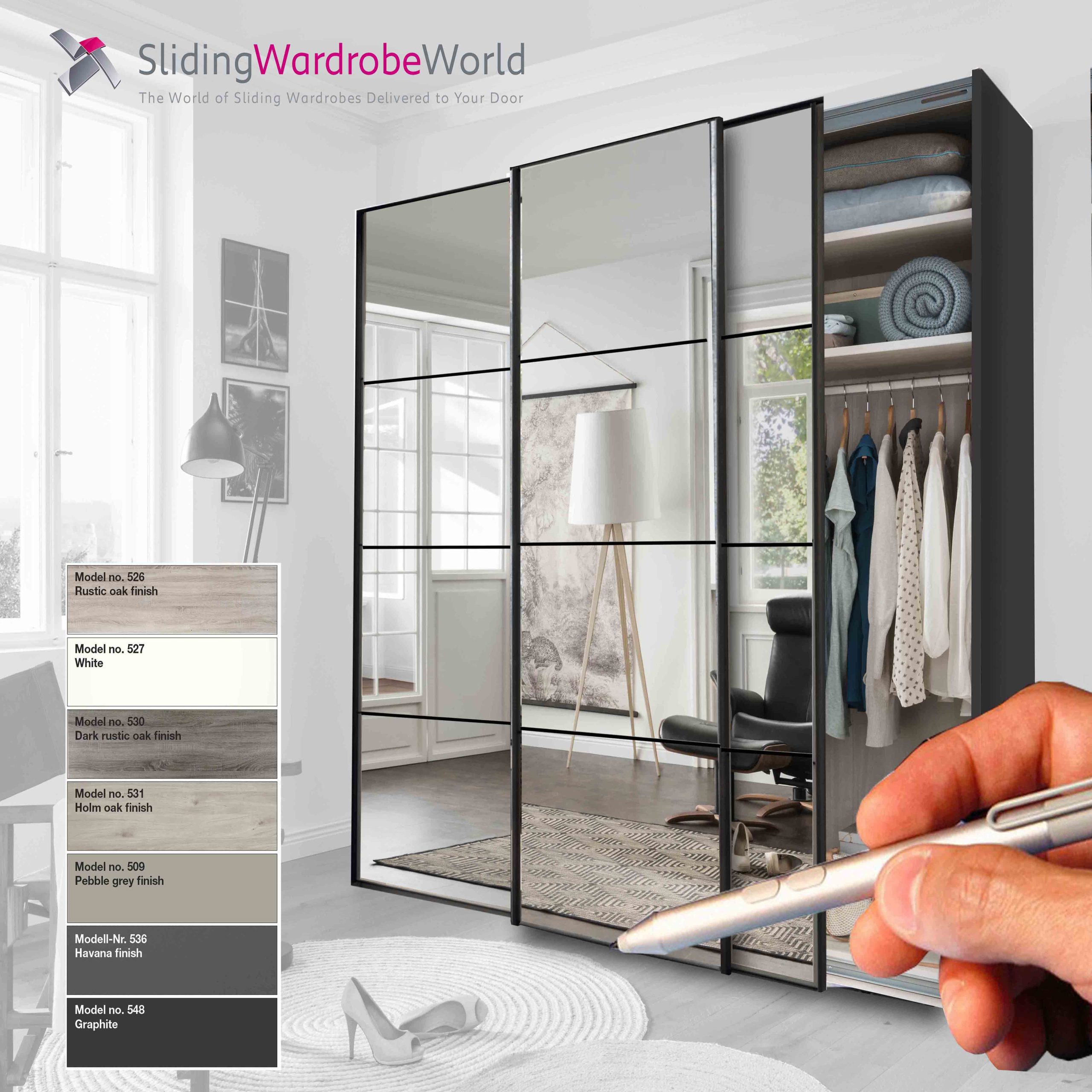 Miami-2-3-Door-Black-Frame-Mirror-4-Panel-Square-1 Fitted Sliding Wardrobe Complete with Interior, Mirror Doors, Black Frame, 3 Doors. Fitted4u Miami 2 Range.