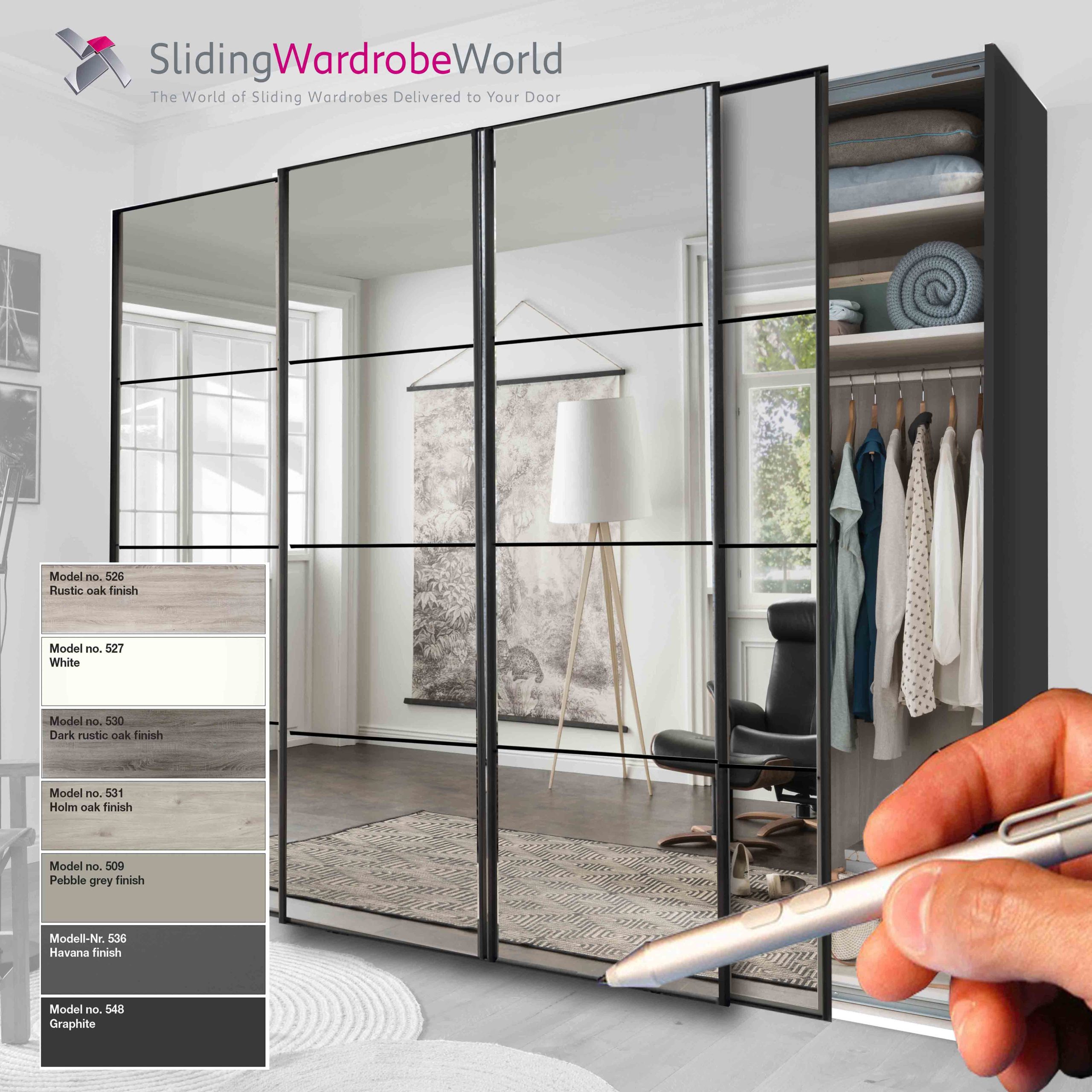 Miami 2 4 Door ALL Mirror 4 Panel SQUARE Graphite Carcass Design Fitted Sliding Wardrobe Complete with Interior, All Mirror Doors, Black Frame, 4 Doors. Fitted4u Miami 2 Range.